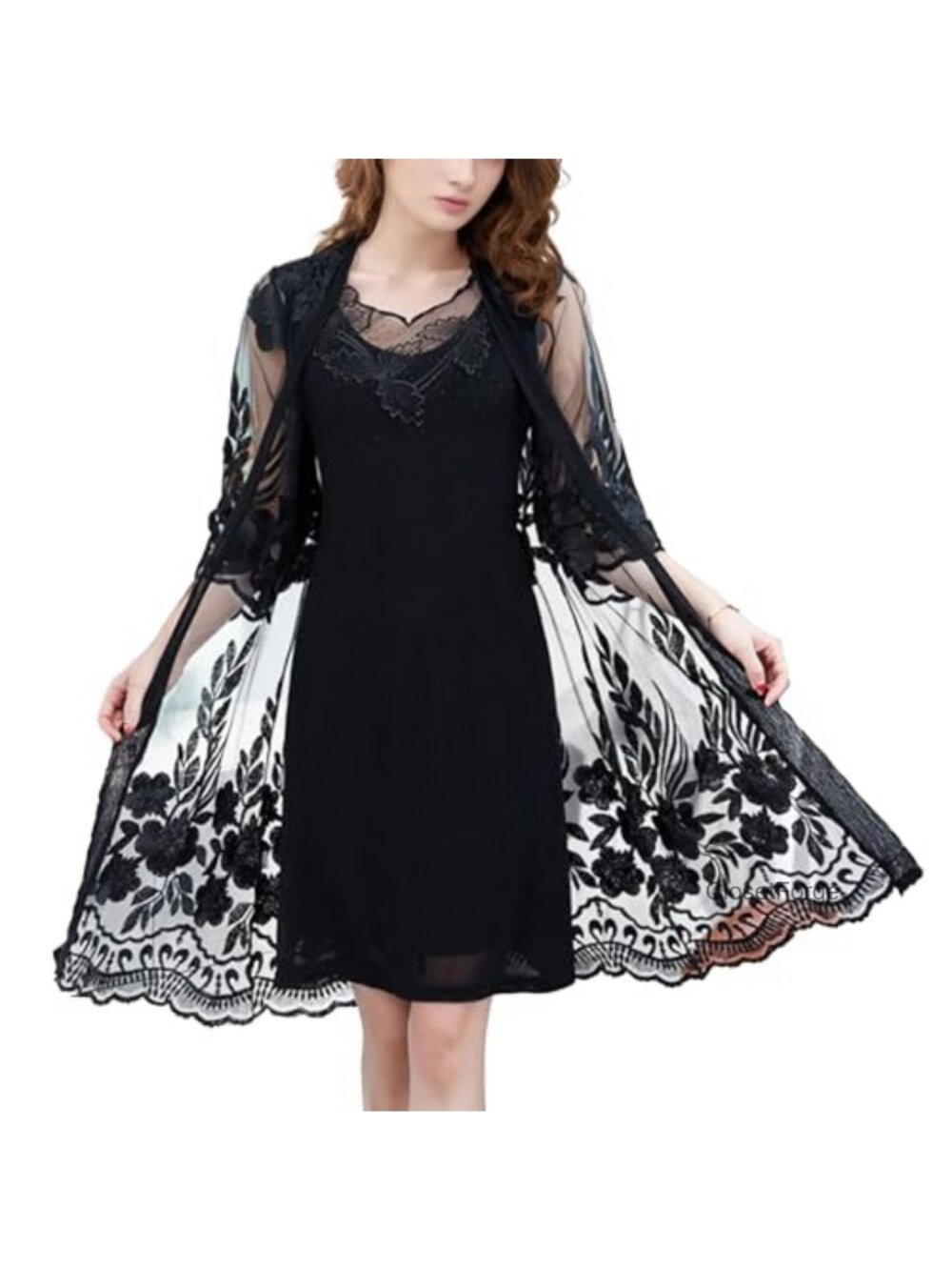 Floral Embroidered Sheer Lace Kimono Cardigan 3/4 Sleeve Coverup